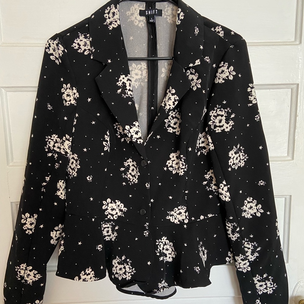 Black blazer with ruffle and flower details - never worn